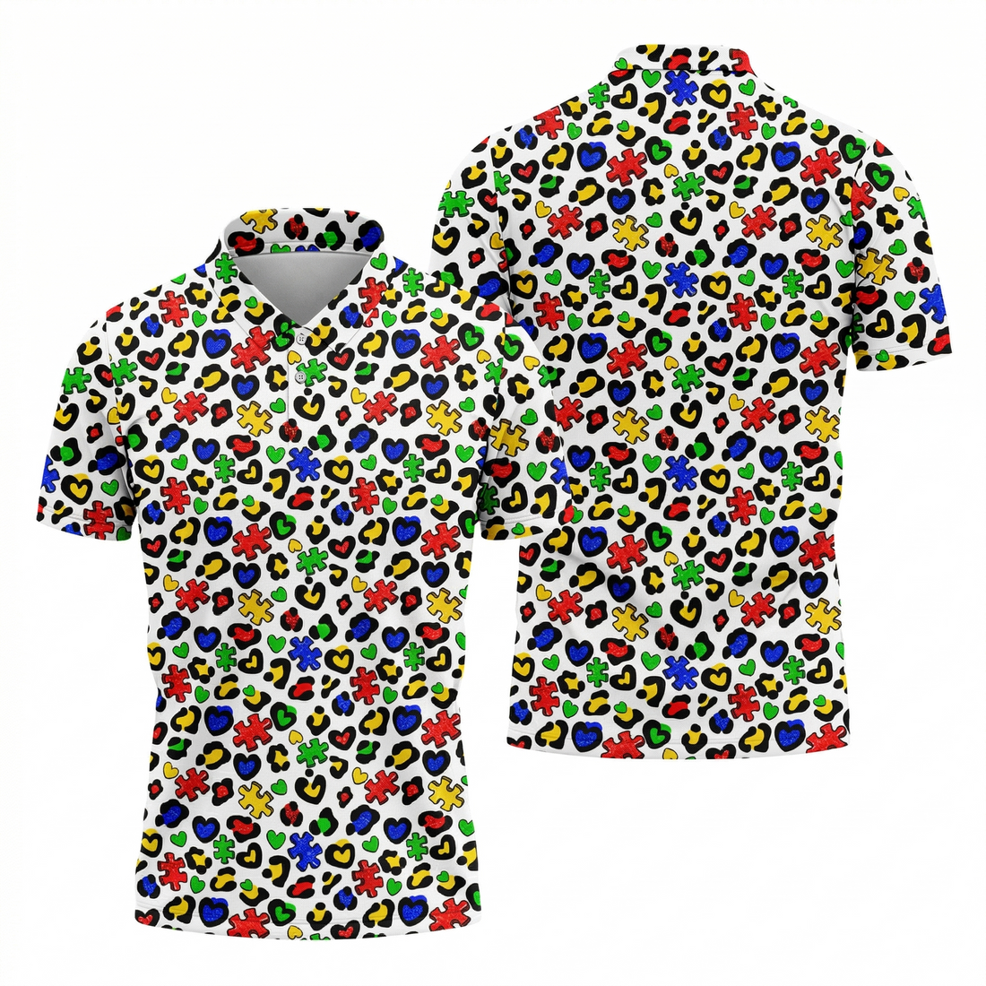 Autism Awareness Color Leopard Pattern White Golf Shirt, Golf Tops For Men, Polo ShirtFor Men, Golf Shirts For Men