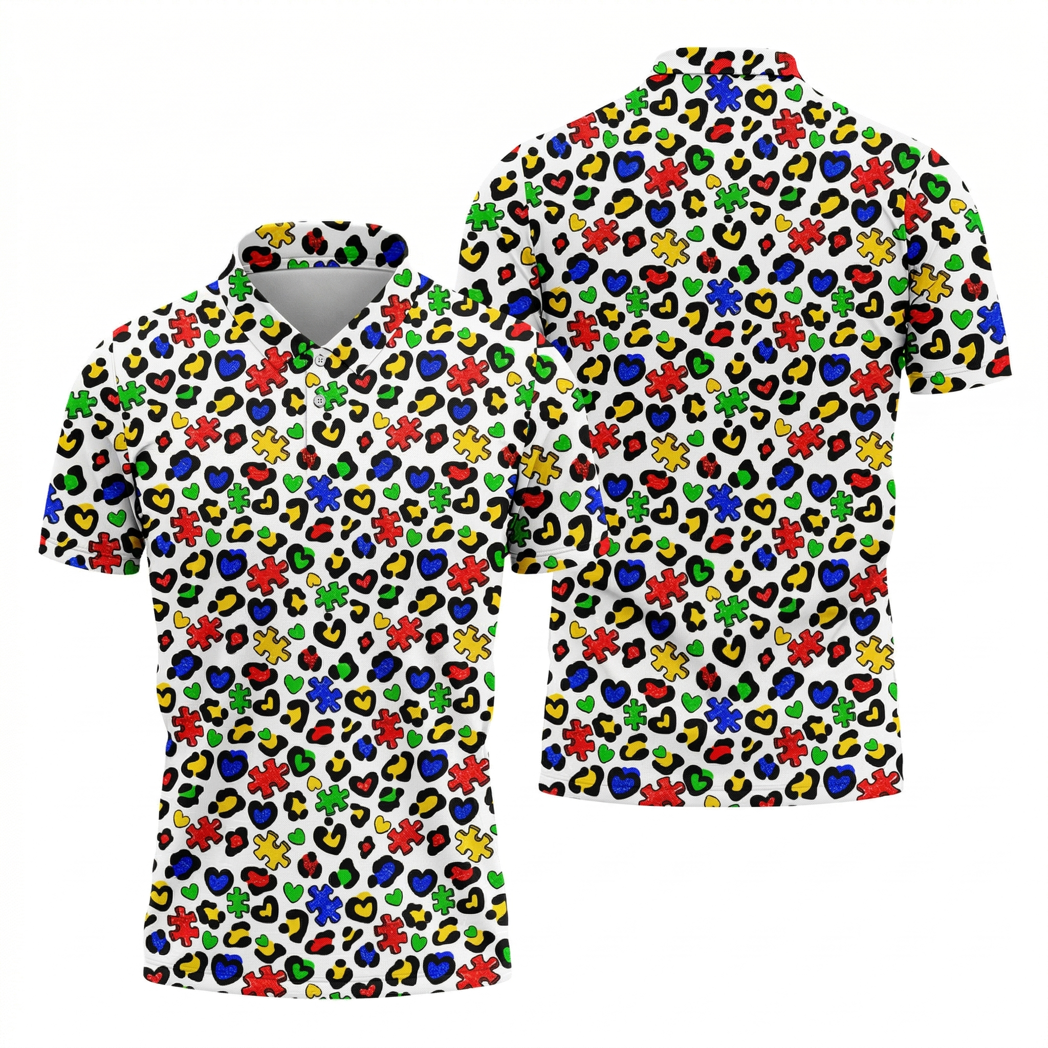 Autism Awareness Color Leopard Pattern White Golf Shirt, Golf Tops For Men, Polo ShirtFor Men, Golf Shirts For Men