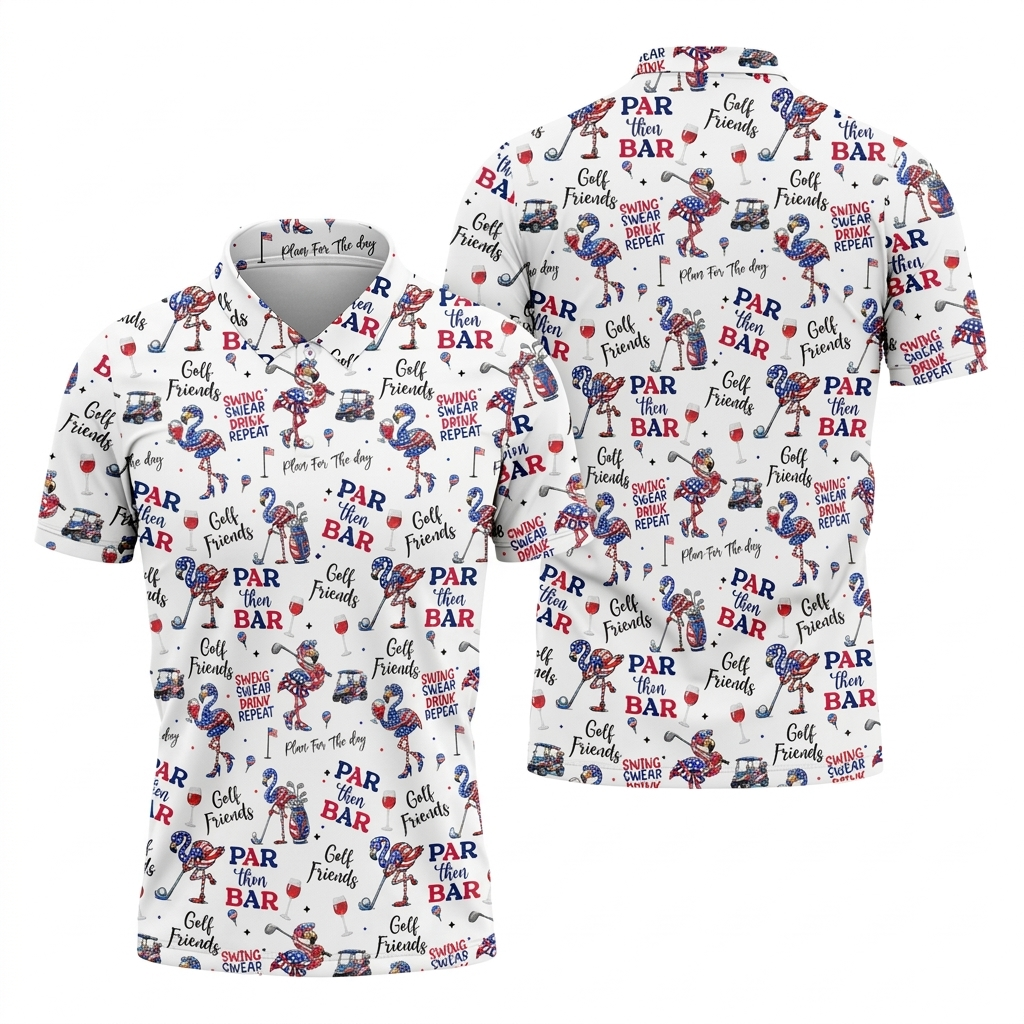 Funny Flamingo Patriotic Golf Polo Shirtr Then Bar Men's White Golf Shirt, 4th of July Drinking Flamingo Pattern
