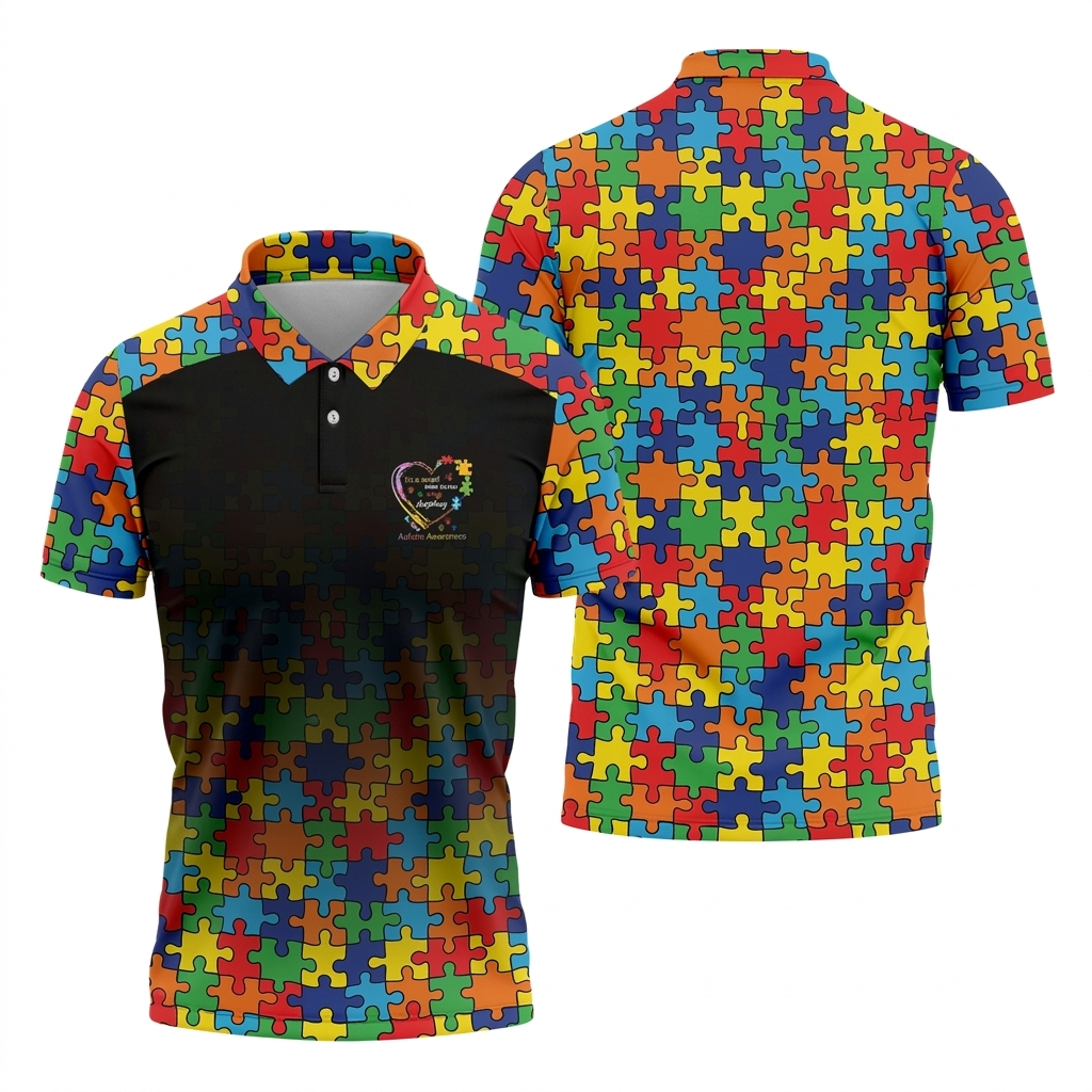 In A World Where You Can Be Anything Be Kind Autism Awareness Puzzle Pattern Black Fade Men's Golf Shirt