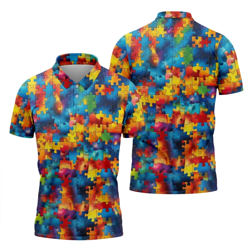 Autism Awareness Rainbow Gradient Puzzle Pattern Golf Tops For Men, Men's Golf Shirt, Polo ShirtFor Men