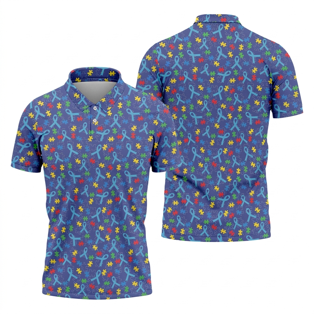 Autism Puzzle Ribbon Pattern Golf Tops For Men, Autism Awareness Color Polo ShirtFor Men, Golf Shirts For Men