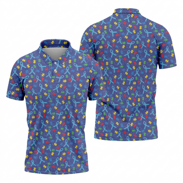 Autism Puzzle Ribbon Pattern Golf Tops For Men, Autism Awareness Color Polo ShirtFor Men, Golf Shirts For Men
