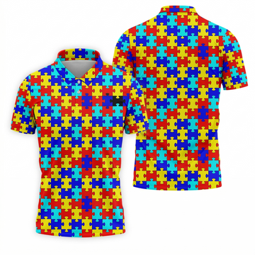 Autism Awareness Colorful Puzzle Pattern Golf Tops For Men, Polo ShirtFor Men, Golf Shirts For Men