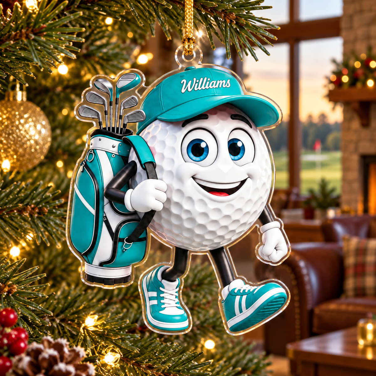 Custom Name Teal Walking Golf Ball Acrylic Ornament, Christmas Ornaments, Golf Gifts