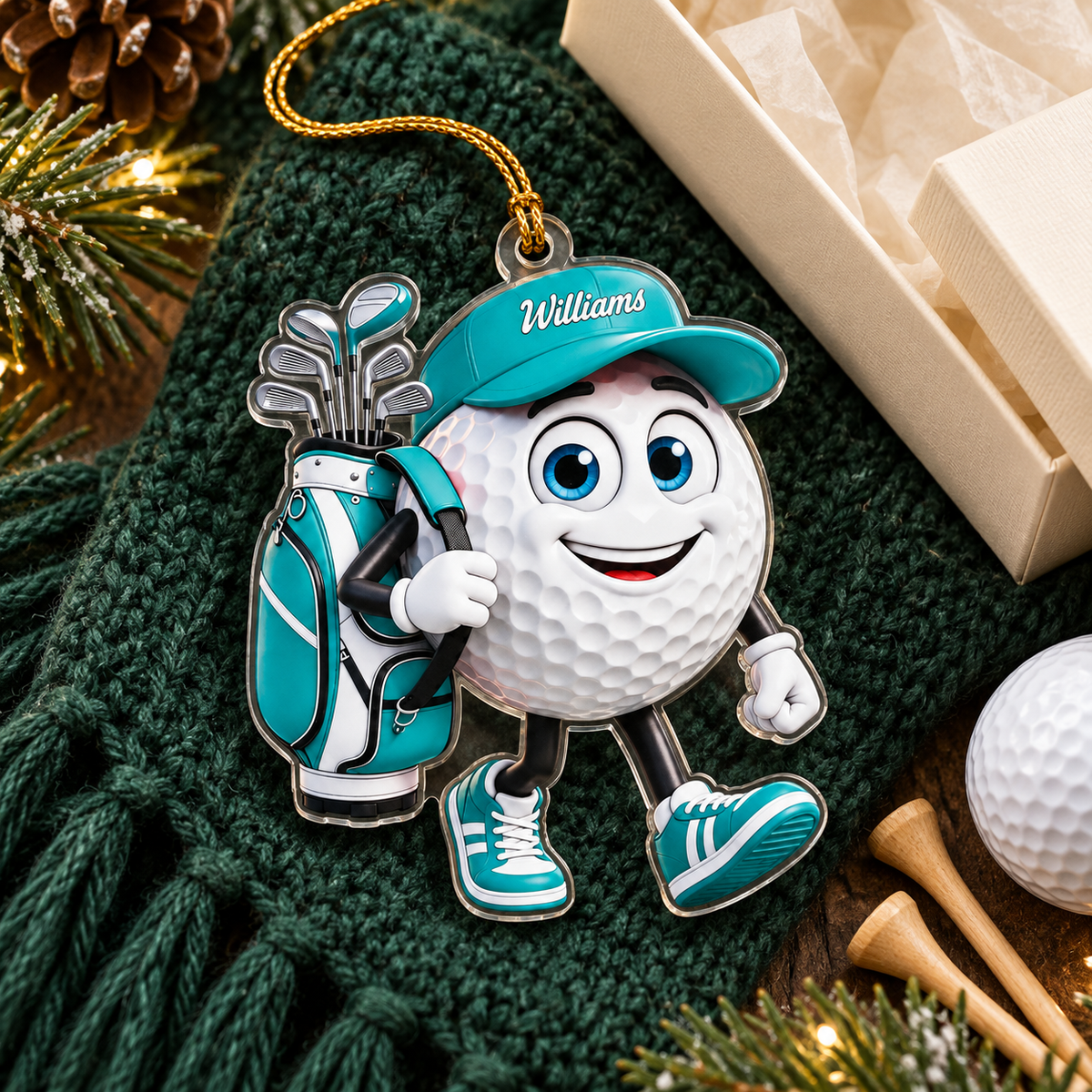Custom Name Teal Walking Golf Ball Acrylic Ornament, Christmas Ornaments, Golf Gifts