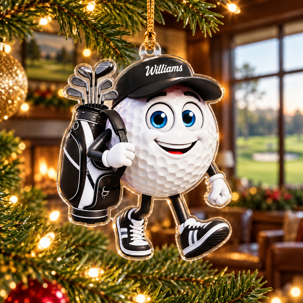Custom Name Black Walking Golf Ball Acrylic Ornament, Christmas Ornaments, Golf Gifts
