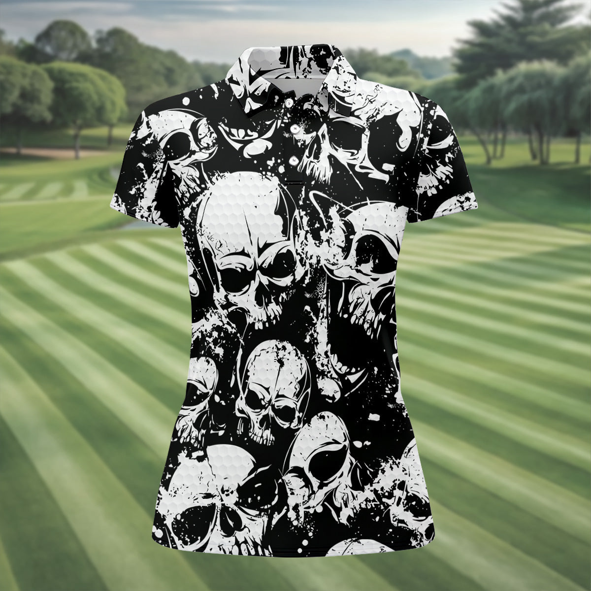 Skulls Splatter Black Grunge Womens Golf Shirts, Ladies Golf Polos, Cool Golf Gift, Golfing Apparel