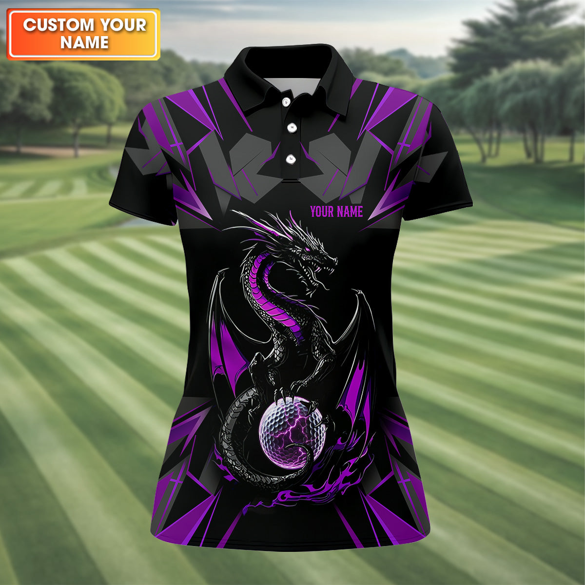 Black And Purple Dragon Golf Team Shirt, Womens Golf Tops, Ladies Golf Shirts, Golfing Apparel