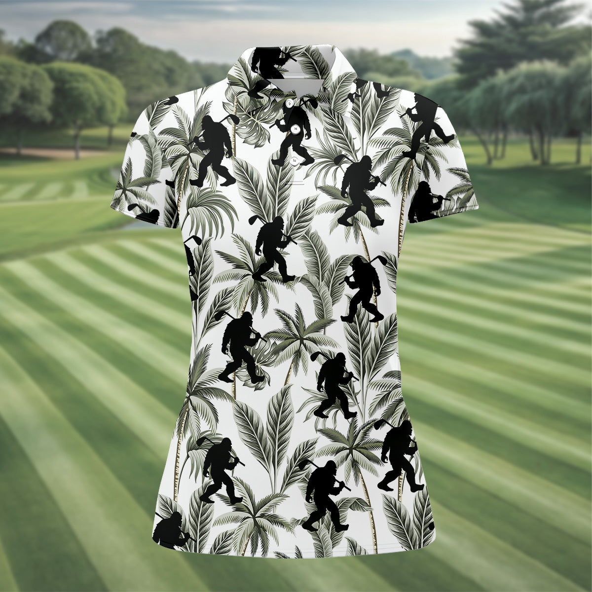 Funny Bigfoot Tropical Palm Leaves Golf Shirt For Women, Ladies Sleeveless Polo, Ladies Golf Shirts