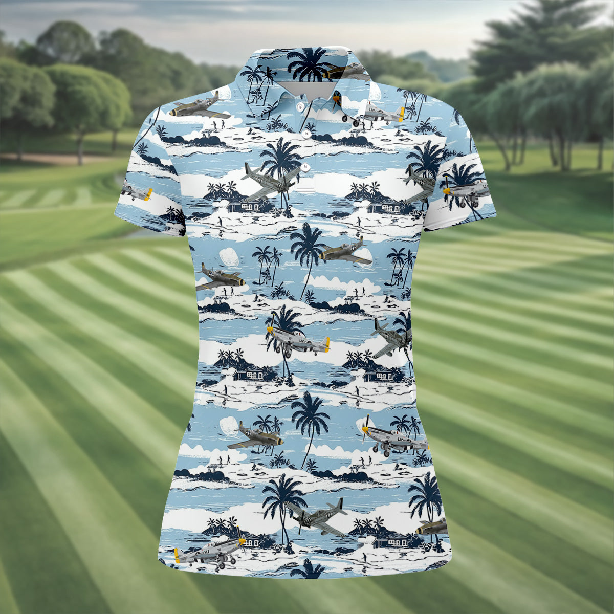 Light Blue Airplane Women's Hawaiian Golf Shirts, Women's Sleeveless Golf Shirts, Ladies Golf Tops
