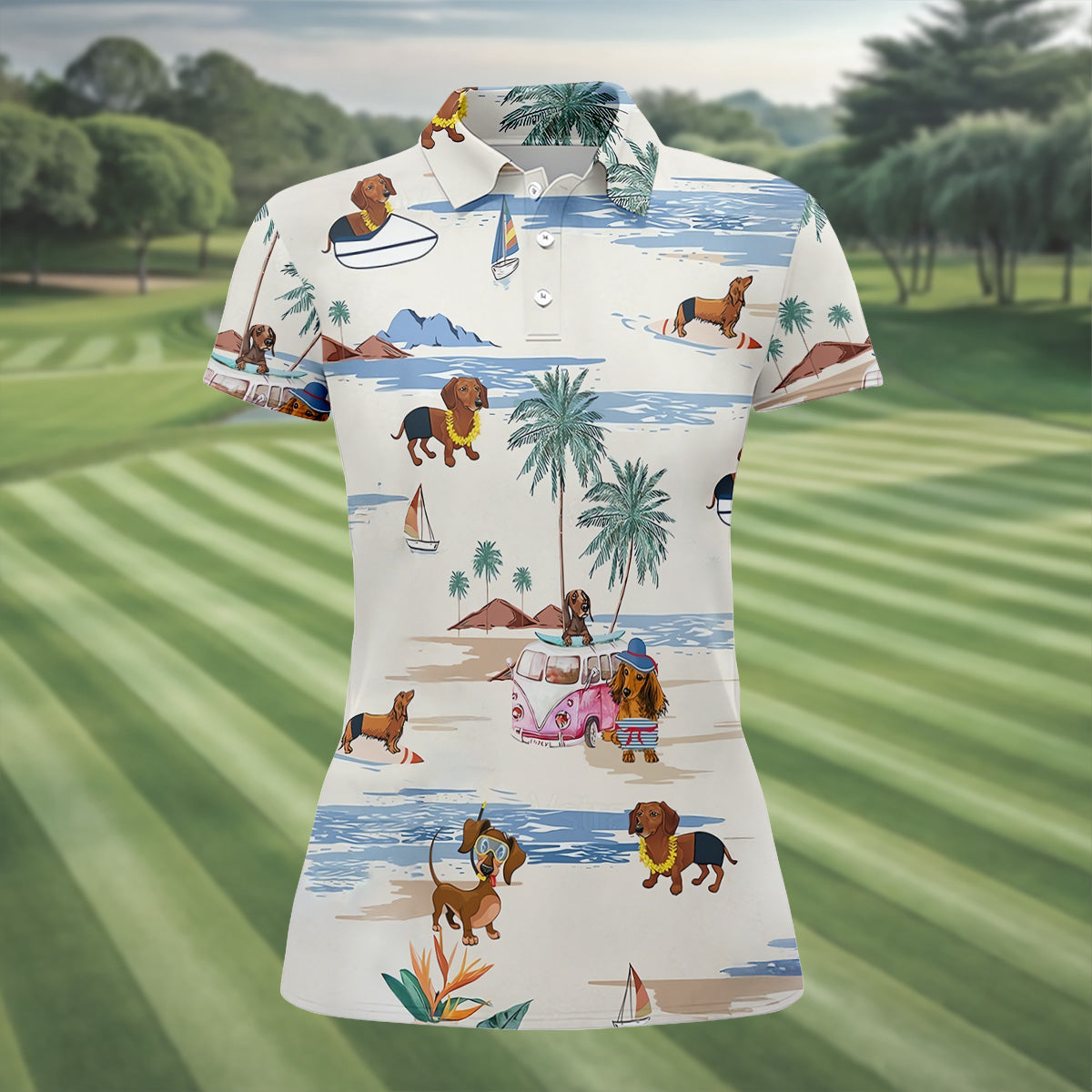 Cute Dachshund Tropical Golf Shirts, Fun Women's Golf Shirts, Ladies Golf Tops, Gifts For Dog Lovers