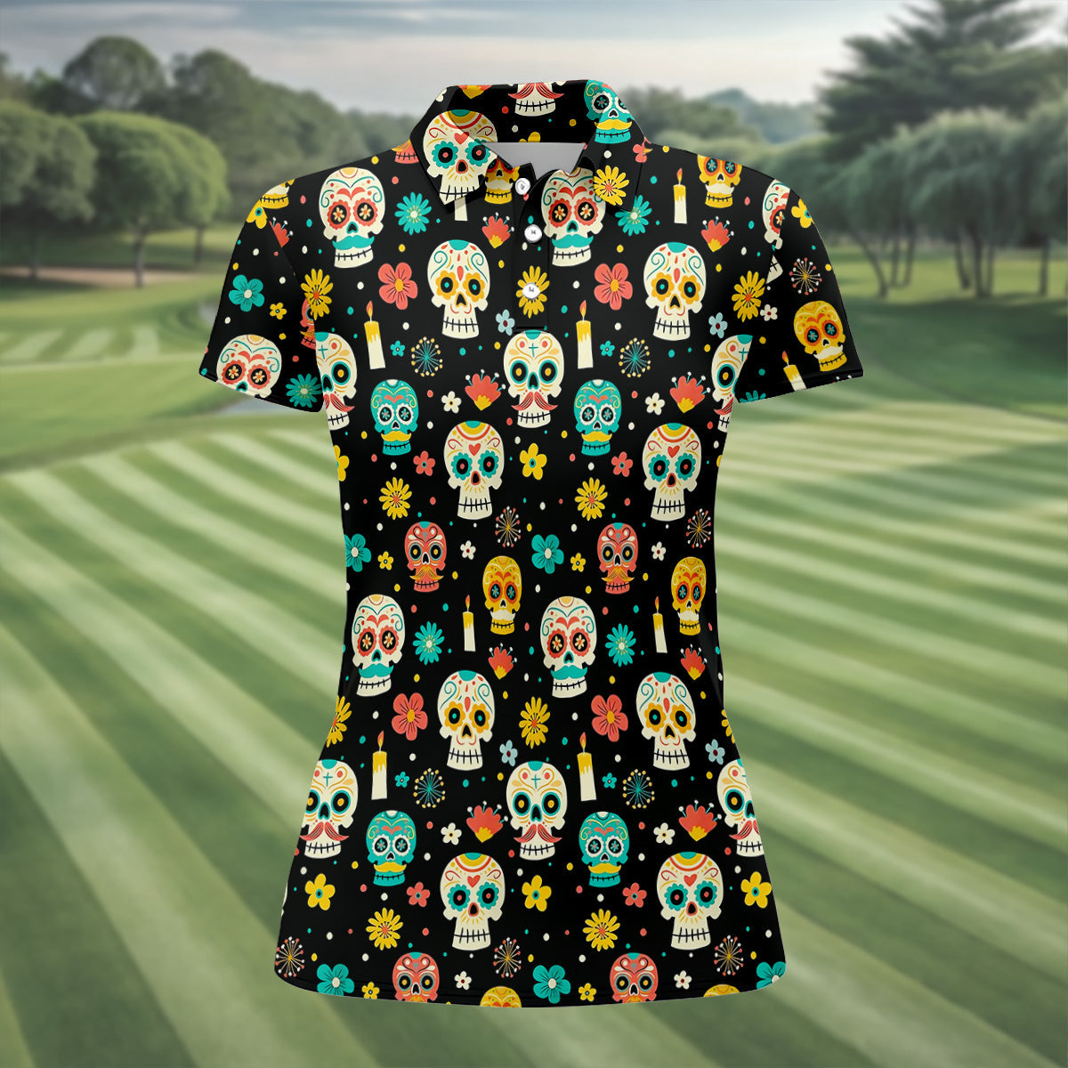 Cartoon Sugar Skull Mexican Day of the Dead Golf Shirt, Ladies Sleeveless Tops, Women's Golf Shirts