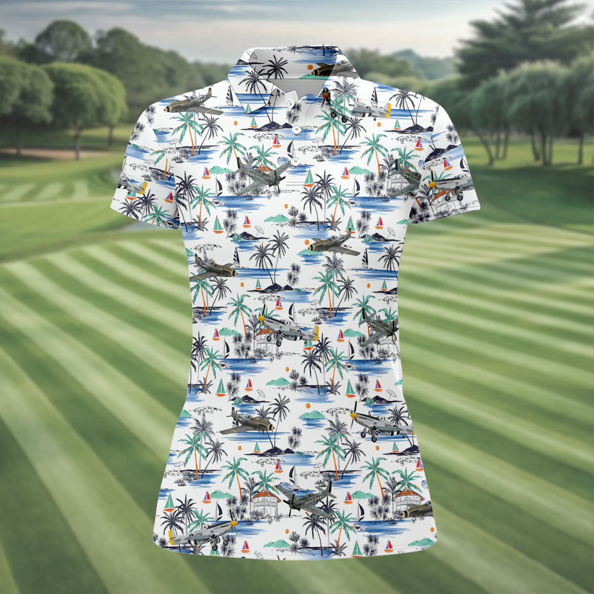 Light Blue Airplane Tropical Golf Shirts, Ladies Sleeveless Polo, Gifts For Golf Lovers, Women's Golf Shirts
