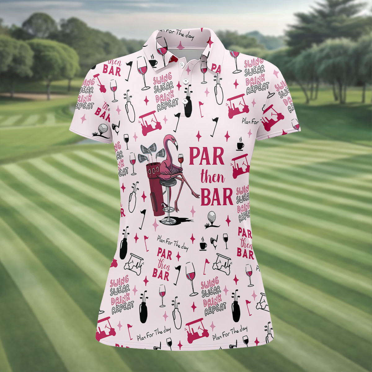 Pink Swing Swear Drink Repeat Par Then Bar Flamingo Golf Shirt, Fun Women's Golf Shirts, Ladies Golf Polos