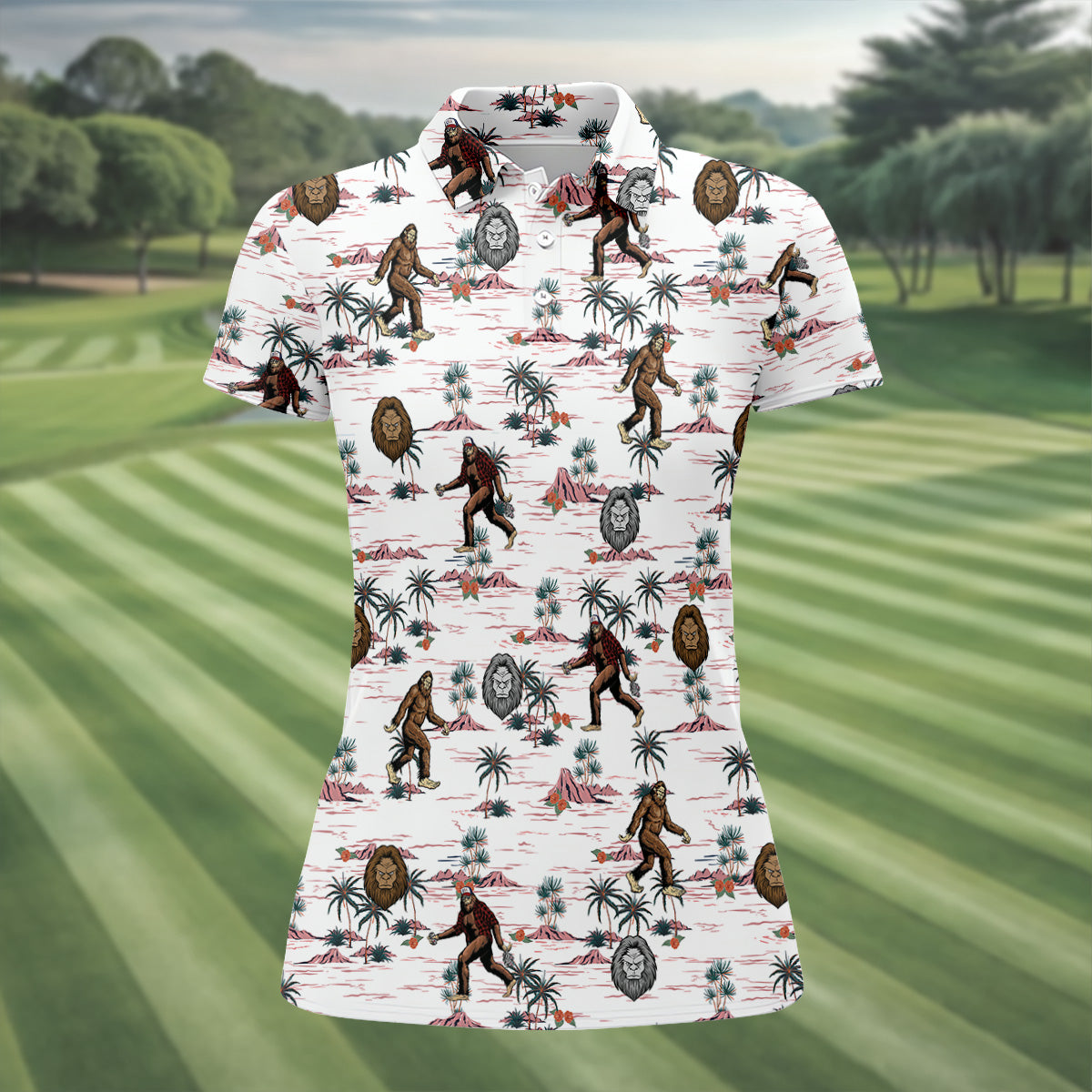 White Funny Sasquatch Tropical Golf Shirts, Funny Golf Shirts Women, Ladies Golf Shirts, Golfing Apparel