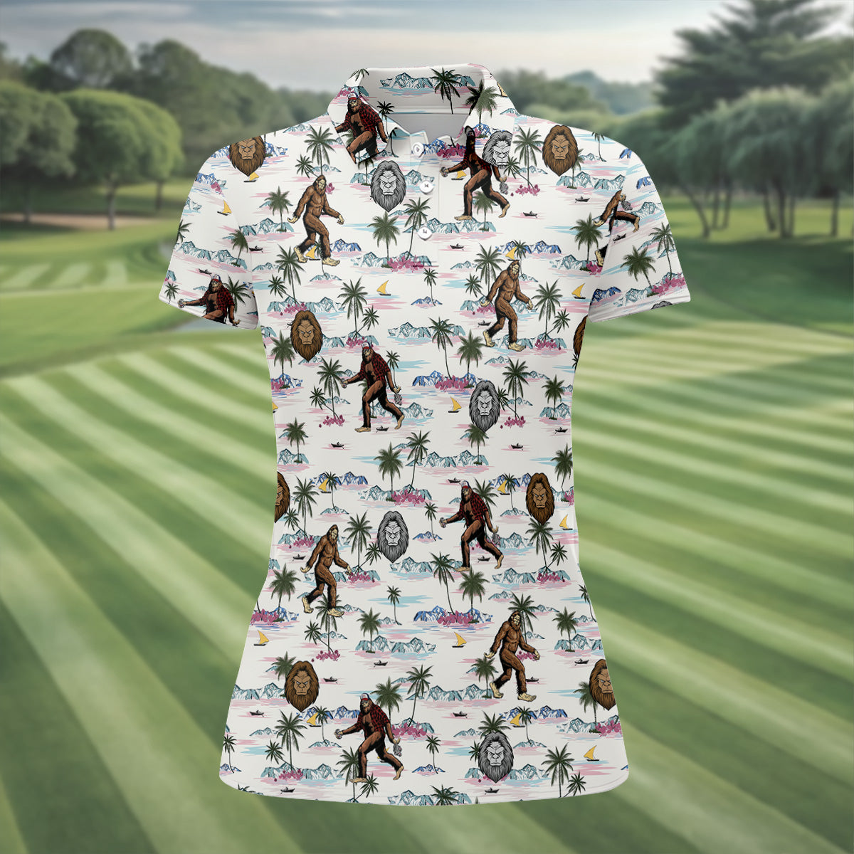 Funny Sasquatch Tropical Golf Shirts, Ladies Golf Shirts, Golfing Apparel, Women's Polo Shirt