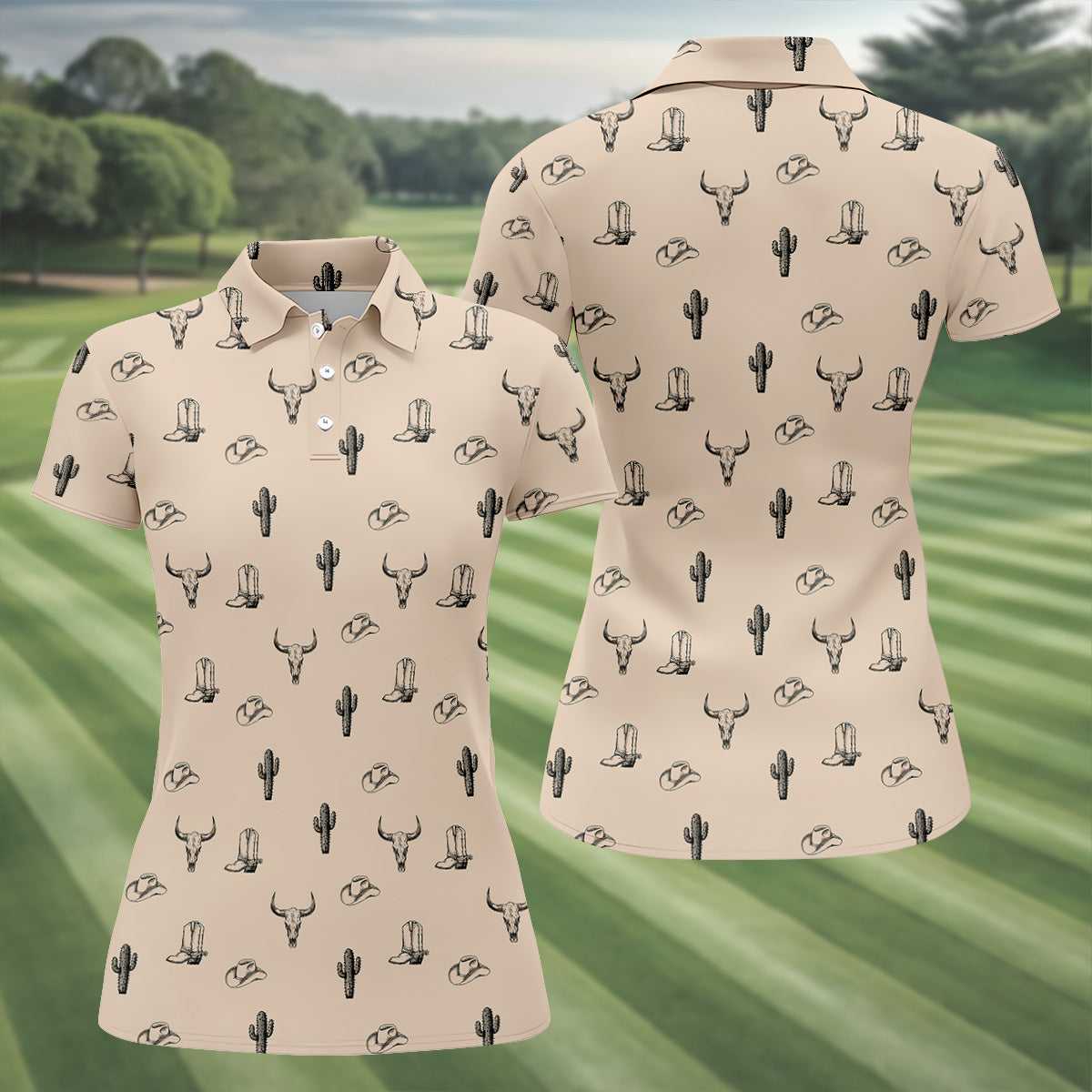 Wild West Cactus Light Brown Western Golf Shirts Women, Unique Gift For Golfer, Ladies Golf Shirts