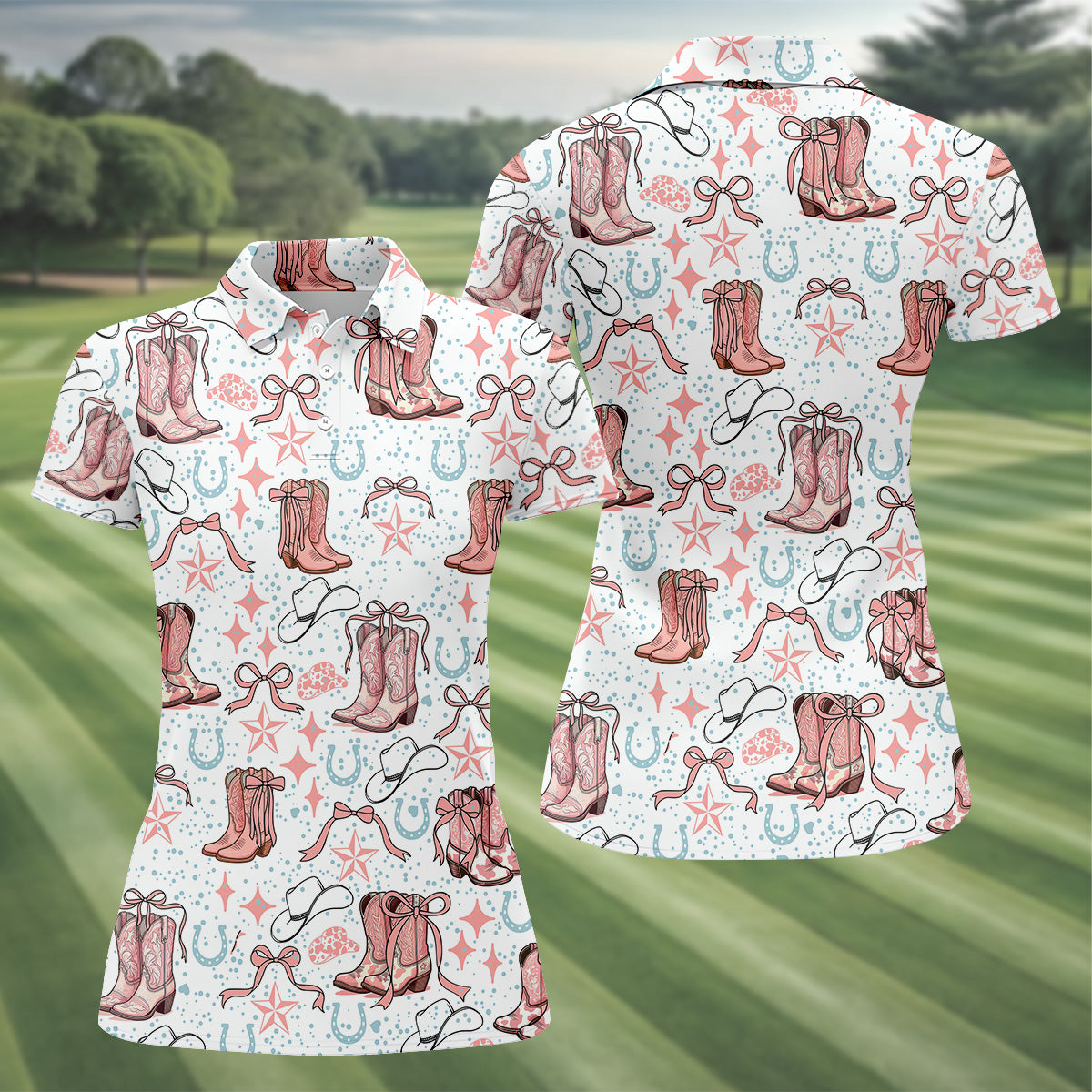 Coquette Cowgirl Boots Pink Western Womens Golf Shirts, Retro Golf Shirt, Ladies Golf Polos