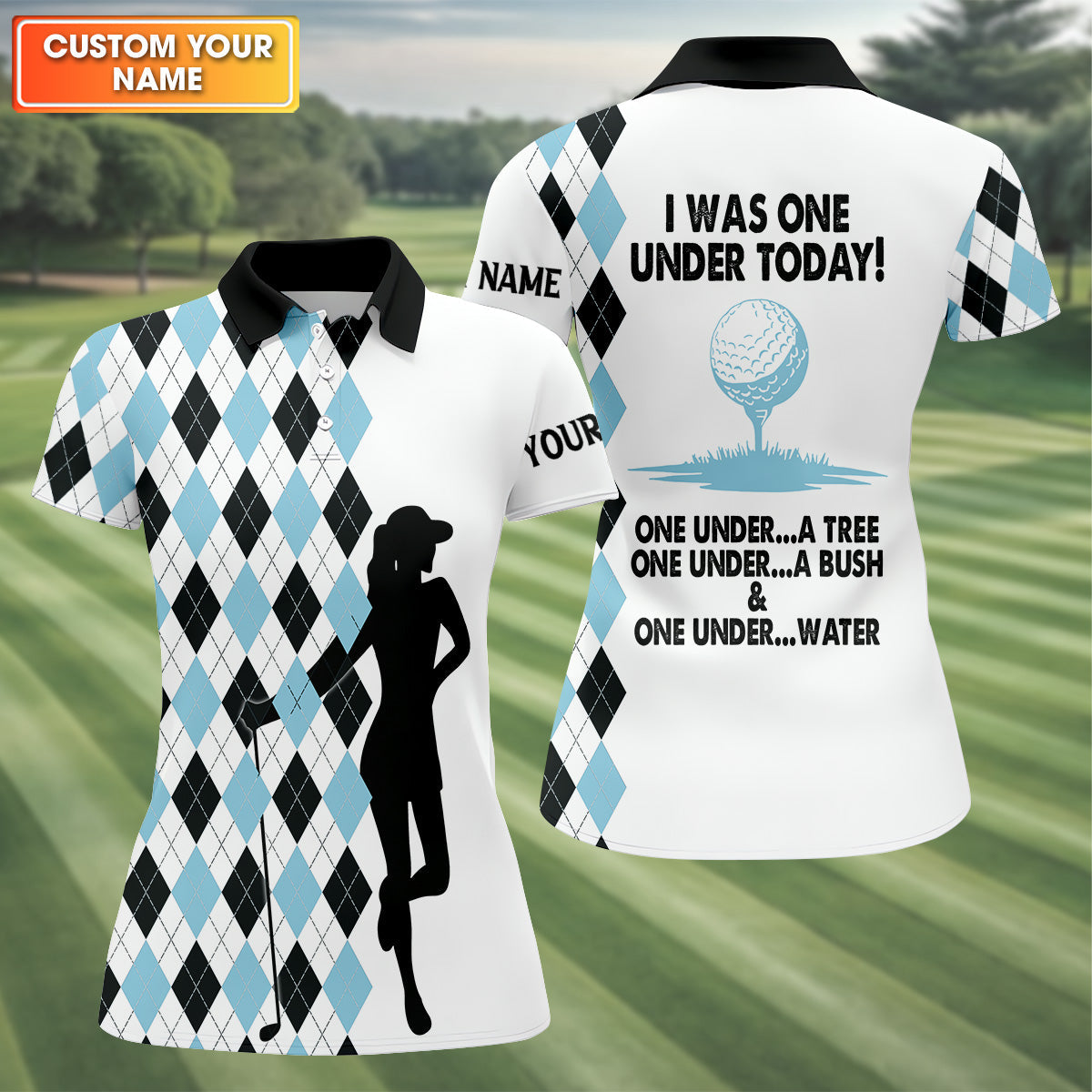 I Was One Under Today Light Blue Black Argyle Fun Womens Golf Shirts, Ladies Golf Tops, Unique Gift For Golfer