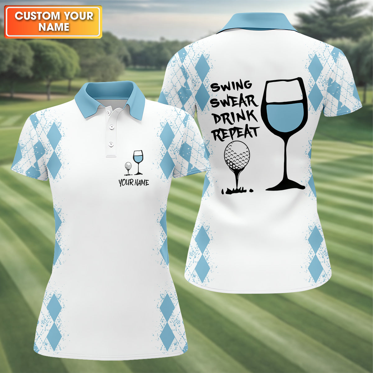 Swing Swear Drink Repeat Light Blue Argyle Golf Shirt, Fun Womens Golf Shirts, White Polo Women, Ladies Golf Shirts