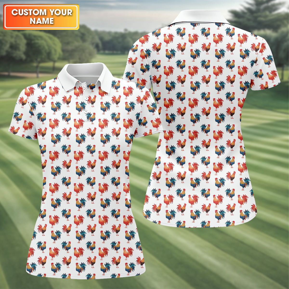 Colorful Chicken Rooster Golf Shirt, Fun Womens Golf Shirts, Cute Golf Outfit, Ladies Golf Polos