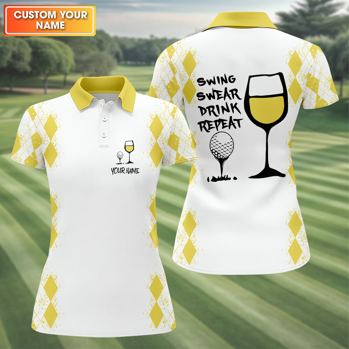 Swing Swear Drink Repeat Lemon Yellow Argyle Golf Shirt, Fun Womens Golf Shirts, Ladies Golf Shirts