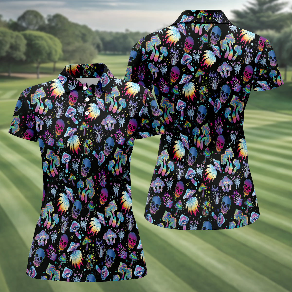 Funny Neon Skull Alien Mushroom Halloween Polo Shirt Women Golf Shirt, Ladies Golf Polos