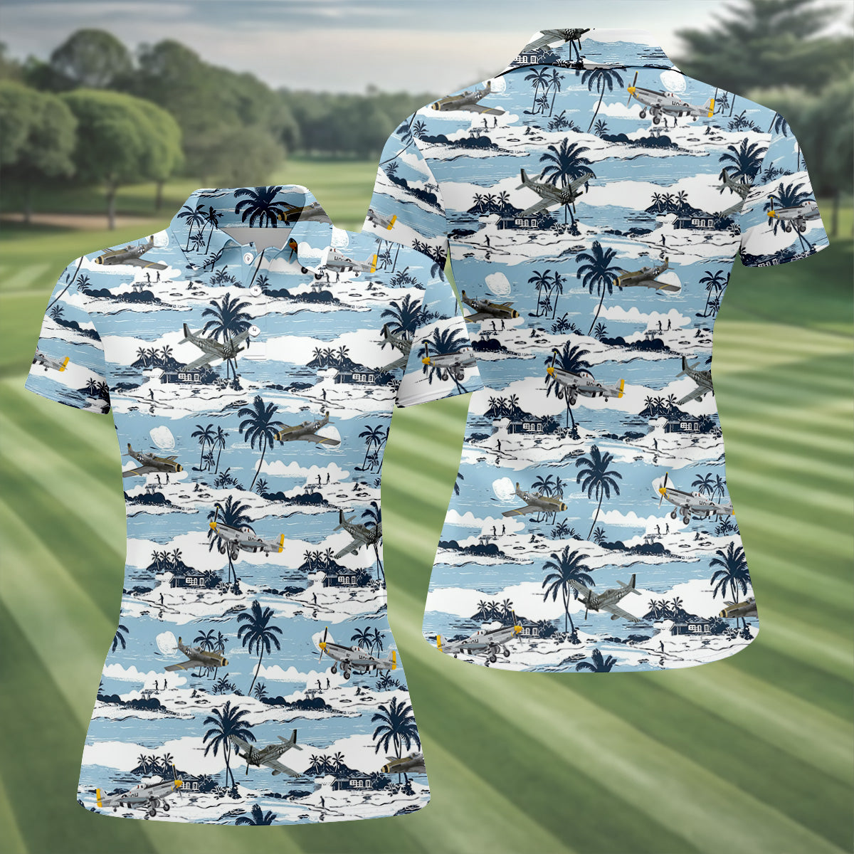 Light Blue Airplane Women's Hawaiian Golf Shirts, Women's Sleeveless Golf Shirts, Ladies Golf Tops