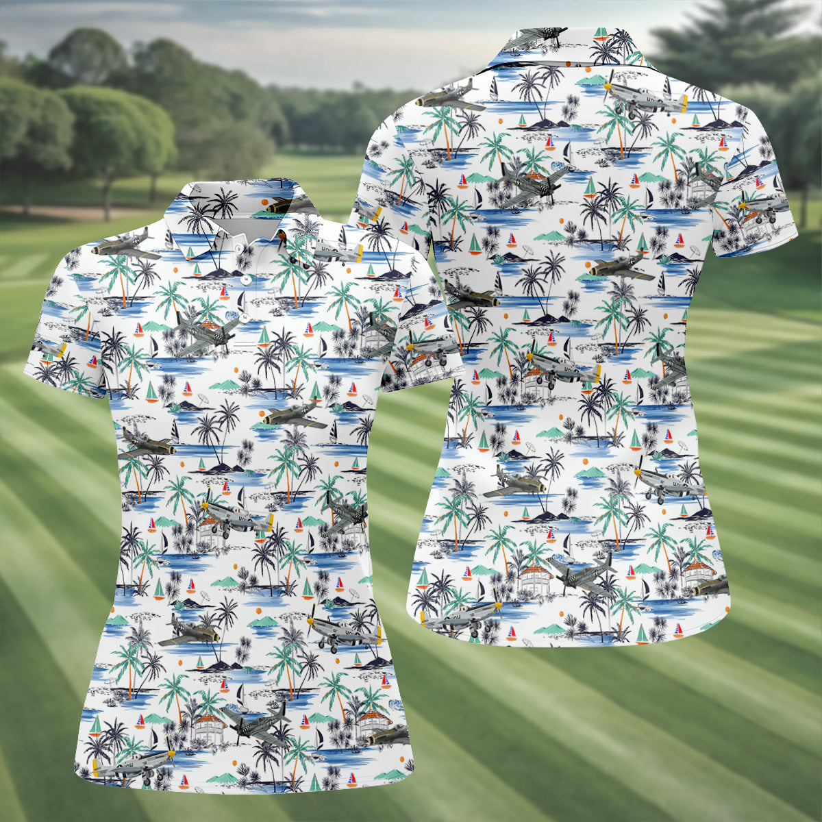 Light Blue Airplane Tropical Golf Shirts, Ladies Sleeveless Polo, Gifts For Golf Lovers, Women's Golf Shirts