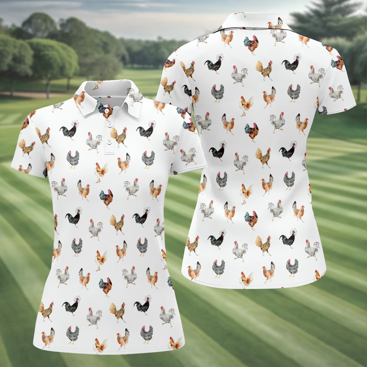 Prancing Chickens Women's White Golf Shirt, Gift For Chicken Lover, Ladies Golf Shirts, Golfing Apparel