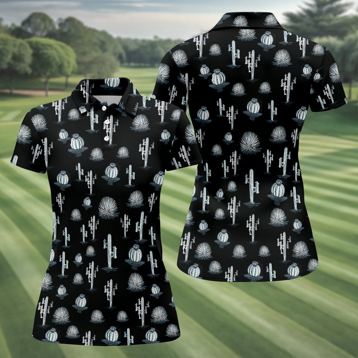 Desert Cactus Black And White Women's Golf Tops, Ladies Golf Shirts, Golf Gifts For Women
