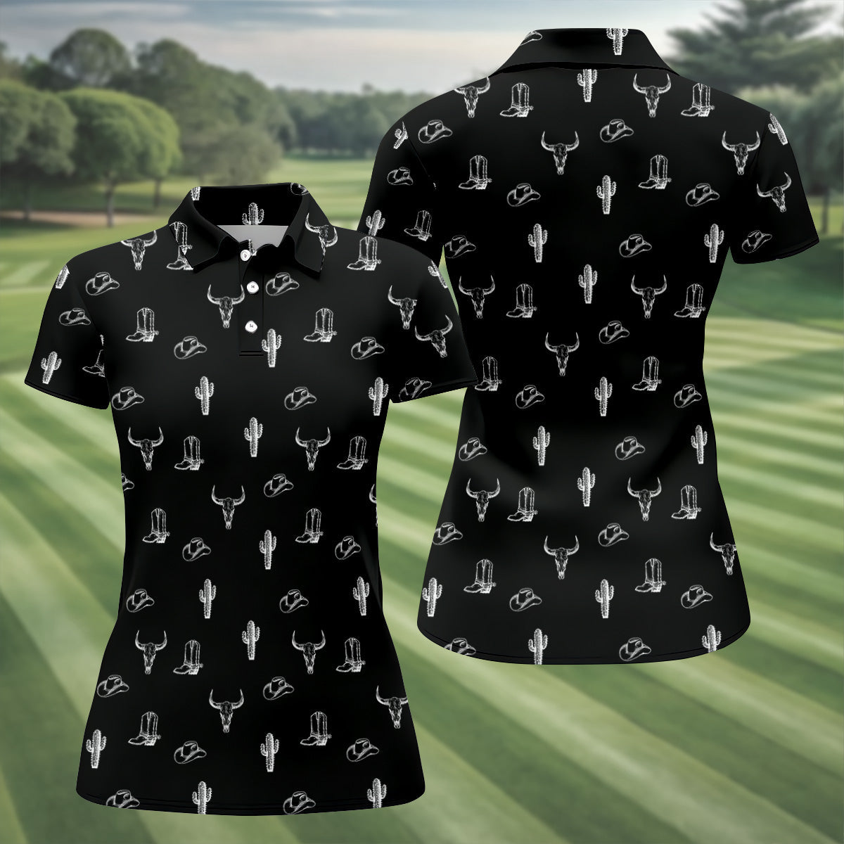 Wild West Cactus Black Western Golf Shirts Women, Unique Gift For Golfer, Ladies Golf Shirts