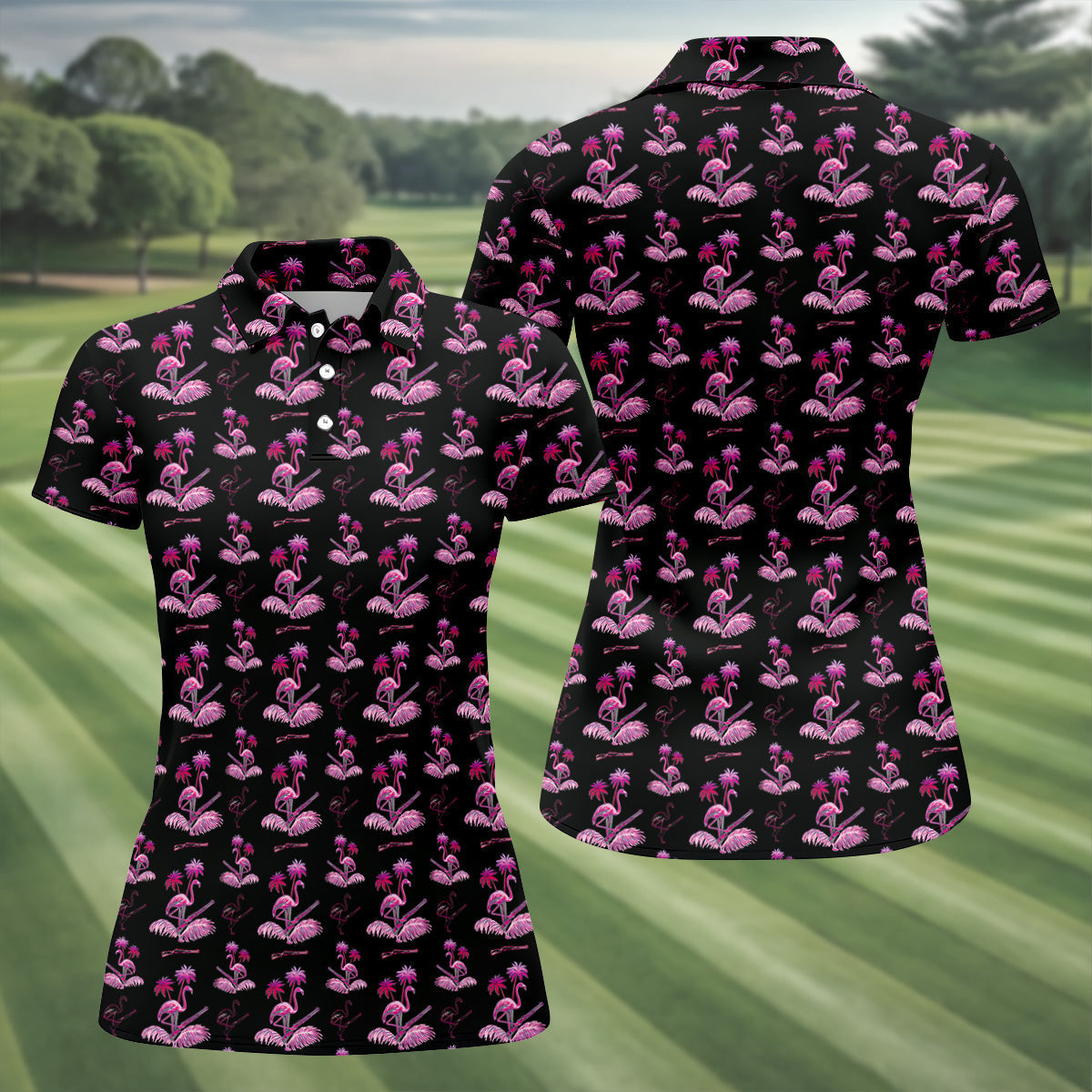 Flamingo Tropical Pink And Black Women's Golf Tops, Ladies Golf Shirts, Golf Gifts For Women