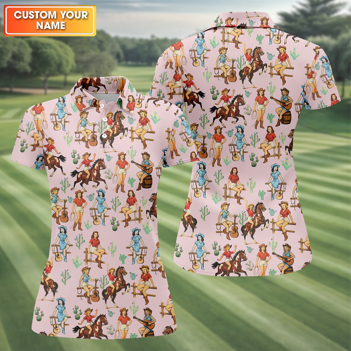 Cowgirl Sleeveless Womens Golf Shirts, Western Golf Shirts Women, Pink Golf Shirt, Ladies Golf Shirts