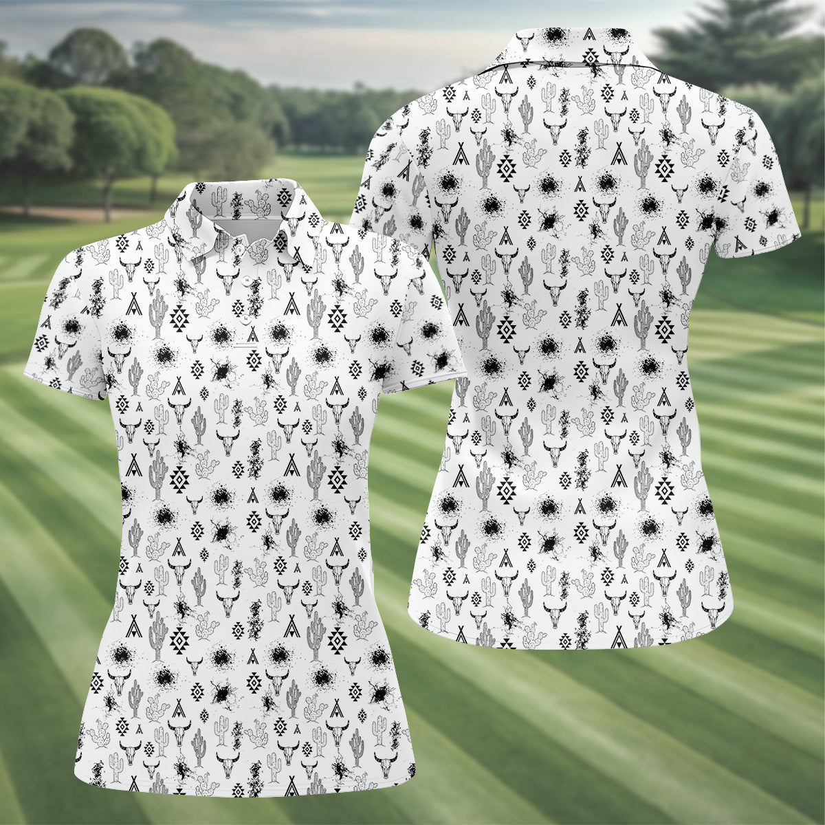 Aztec Bull Skull Western Golf Shirts Women, Women Golf Top, Ladies Golf Polos, Golfing Apparel