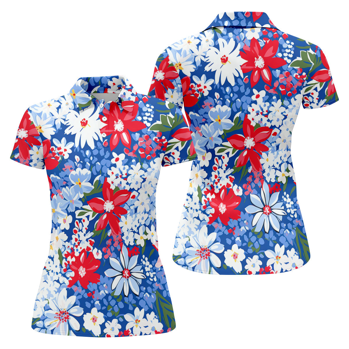 Red White Blue Flowers Seamless Pattern Women Golf Top, Patriotic Golf Shirt, Ladies Golf Polos