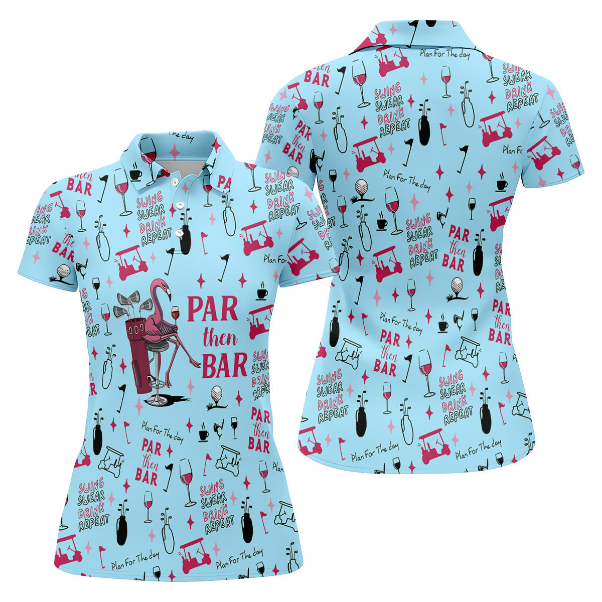 Pink And Blue Par Then Bar Flamingo Golf Shirt, Fun Women's Golf Shirts, Ladies Golf Polos