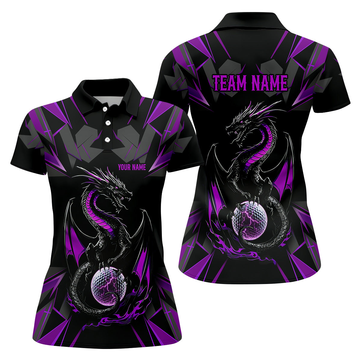 Black And Purple Dragon Golf Team Shirt, Womens Golf Tops, Ladies Golf Shirts, Golfing Apparel
