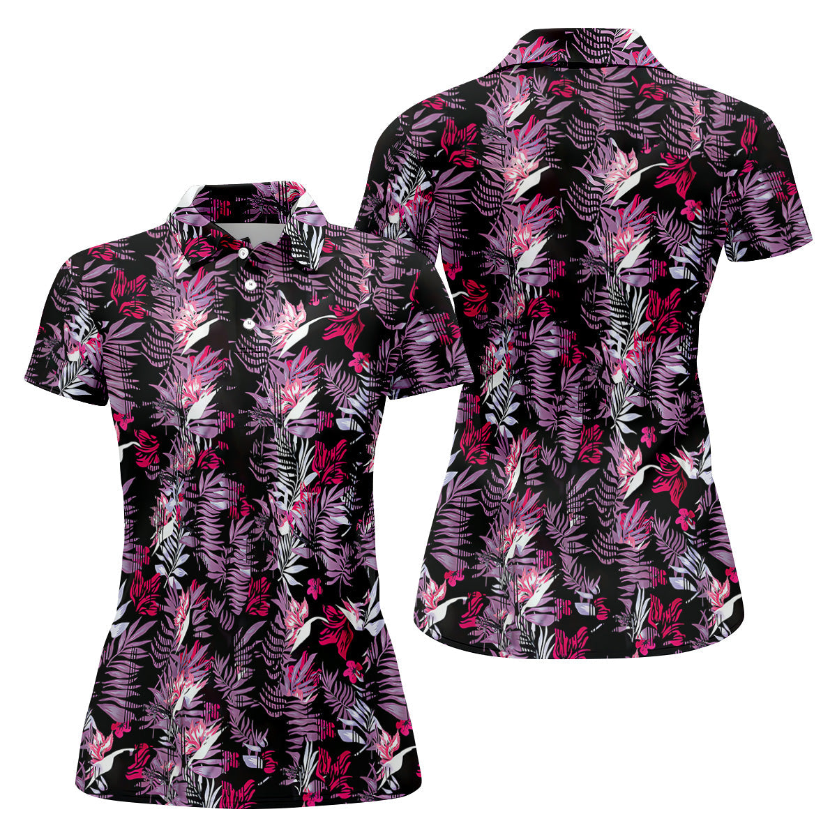 Purple And Black Tropical Golf Shirts, Sleeveless Women's Golf Shirts, Ladies Golf Polos