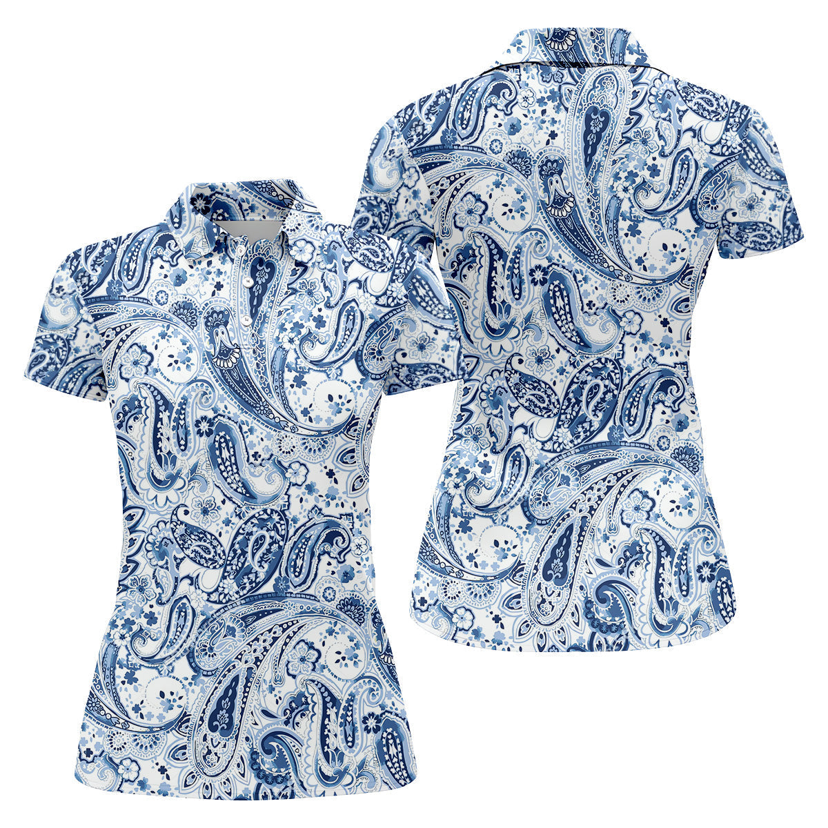 Blue Paisley Seamless Pattern Women Golf Top, Golf Shirt For Women, Women's Polo Shirt