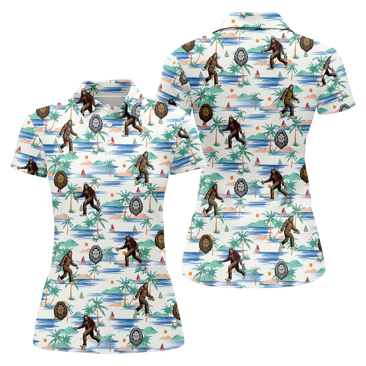 White And Blue Funny Sasquatch Tropical Golf Shirts, Funny Golf Shirts Women, Ladies Golf Shirts, Golfing Apparel