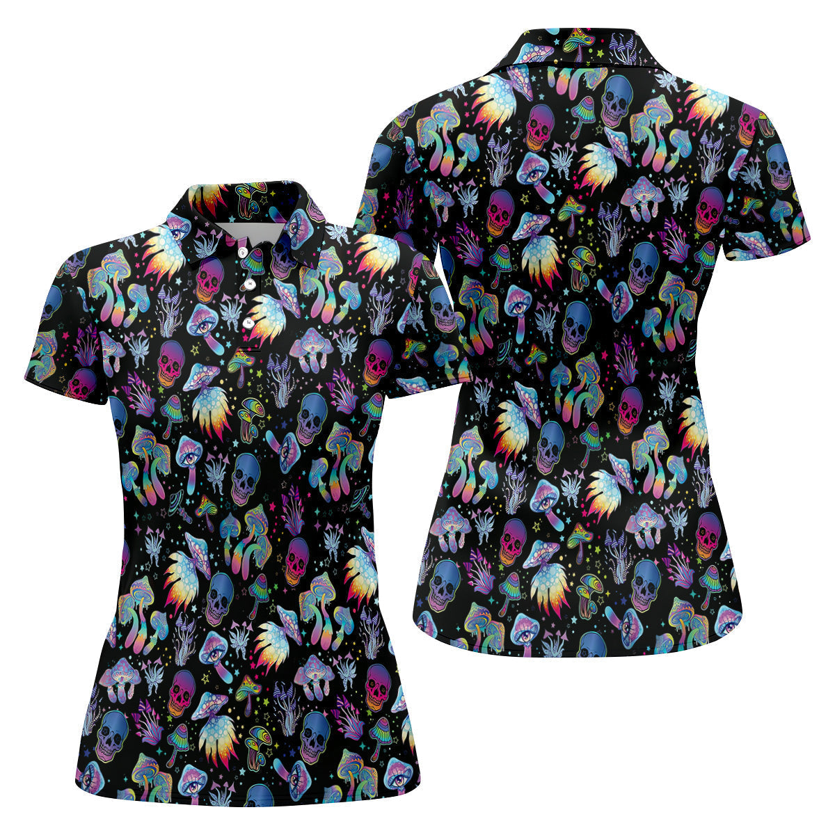 Funny Neon Skull Alien Mushroom Halloween Polo Shirt Women Golf Shirt, Ladies Golf Polos