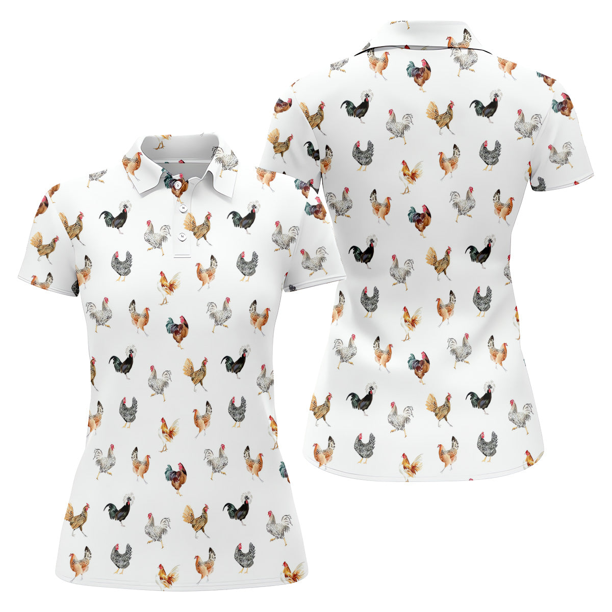 Prancing Chickens Women's White Golf Shirt, Gift For Chicken Lover, Ladies Golf Shirts, Golfing Apparel