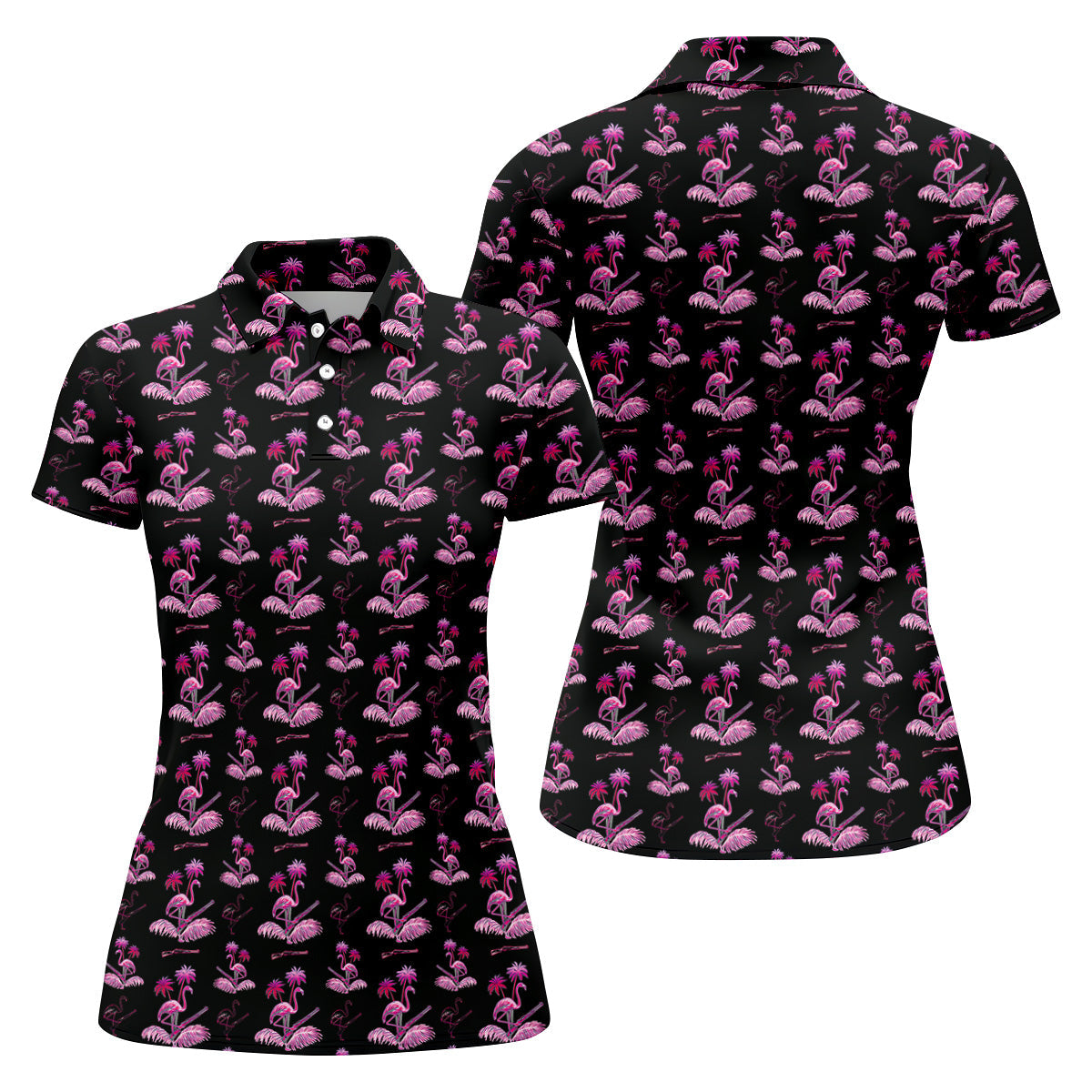 Flamingo Tropical Pink And Black Women's Golf Tops, Ladies Golf Shirts, Golf Gifts For Women