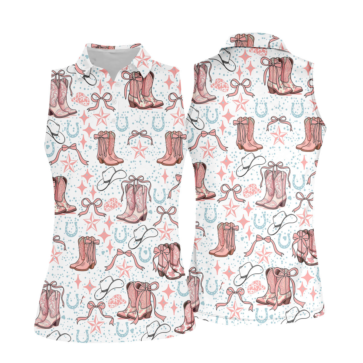 Coquette Cowgirl Boots Pink Western Womens Golf Shirts, Retro Golf Shirt, Ladies Golf Polos
