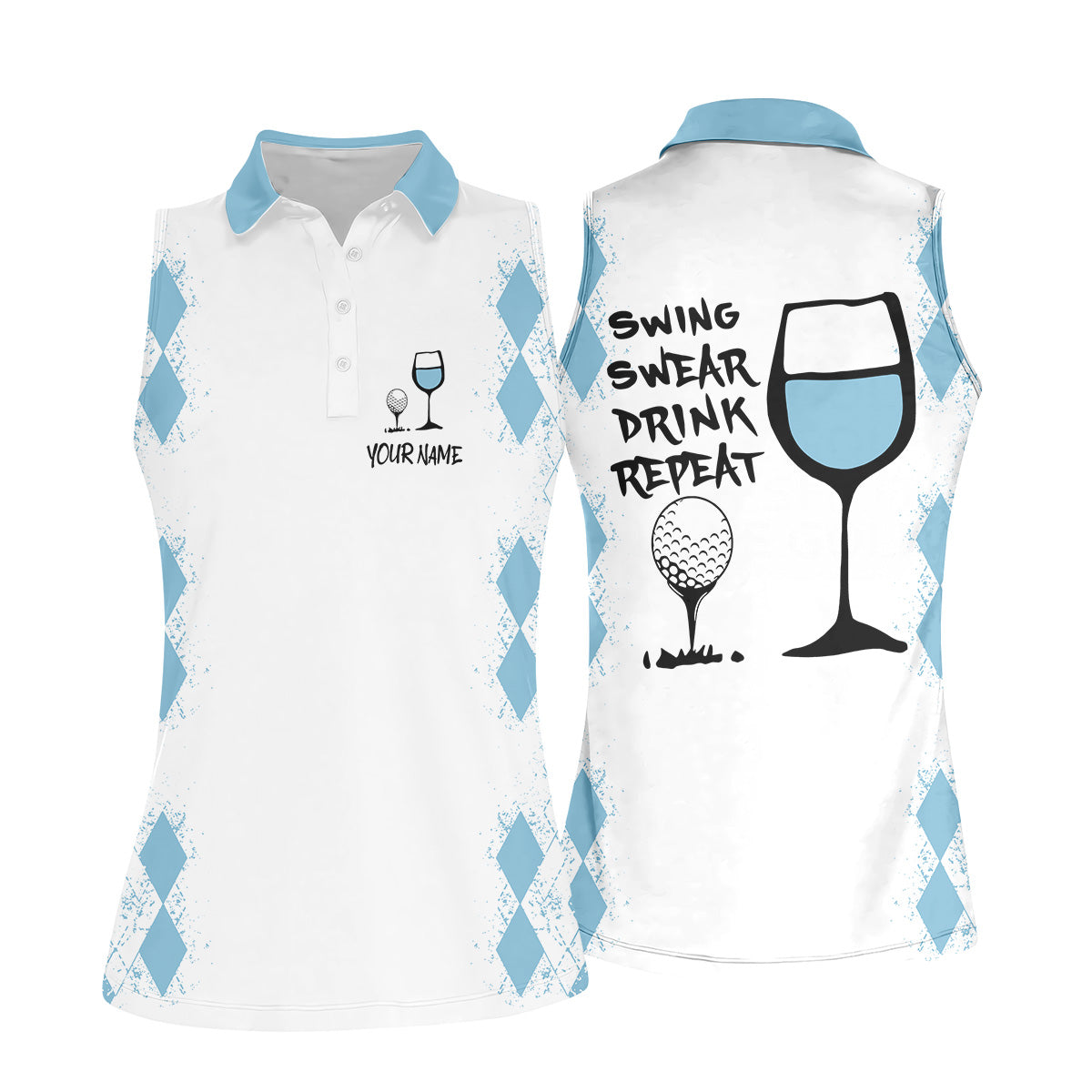 Swing Swear Drink Repeat Light Blue Argyle Golf Shirt, Fun Womens Golf Shirts, White Polo Women, Ladies Golf Shirts
