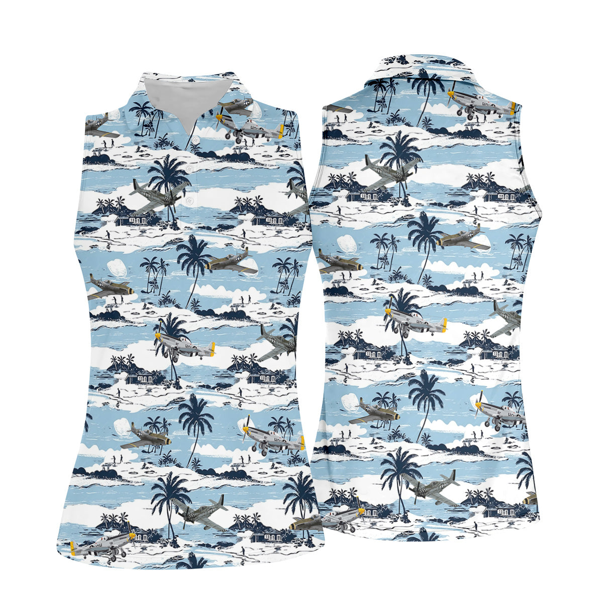 Light Blue Airplane Women's Hawaiian Golf Shirts, Women's Sleeveless Golf Shirts, Ladies Golf Tops
