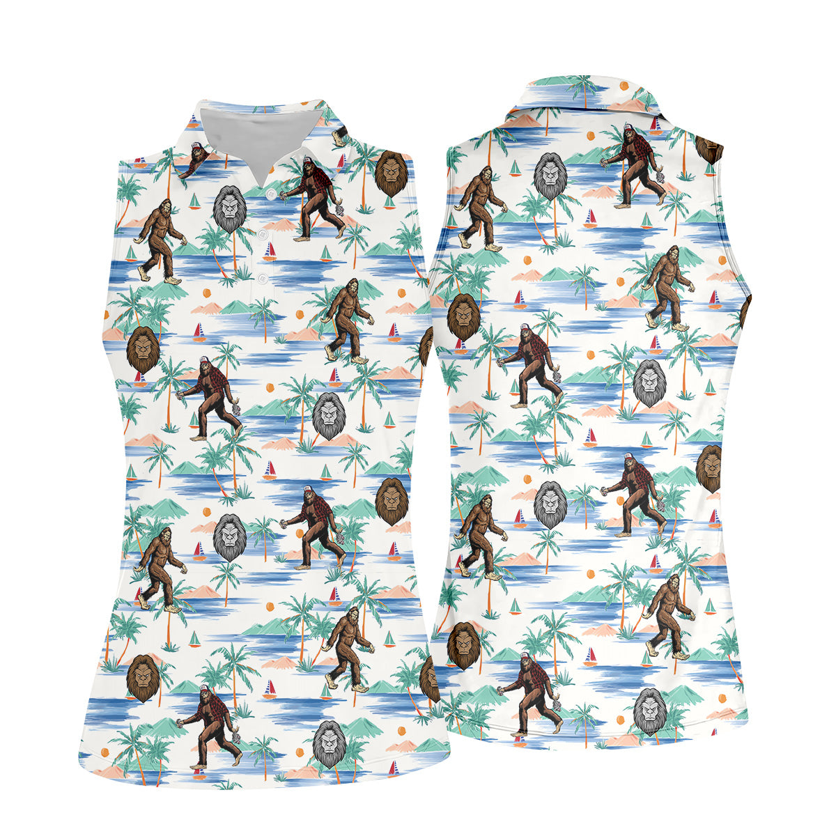 White And Blue Funny Sasquatch Tropical Golf Shirts, Funny Golf Shirts Women, Ladies Golf Shirts, Golfing Apparel