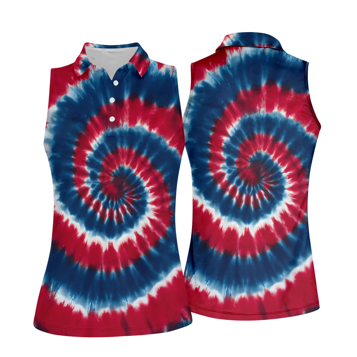 Red White Blue Tie Die Print Ladies Patriotic Golf Shirts, Ladies Sleeveless Polo, Women's Polo Shirt